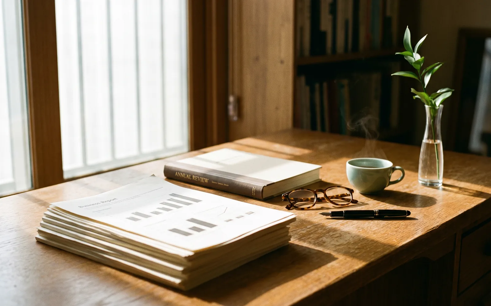 An editorial reading desk in a quiet Seoul study, printed reports in considered light