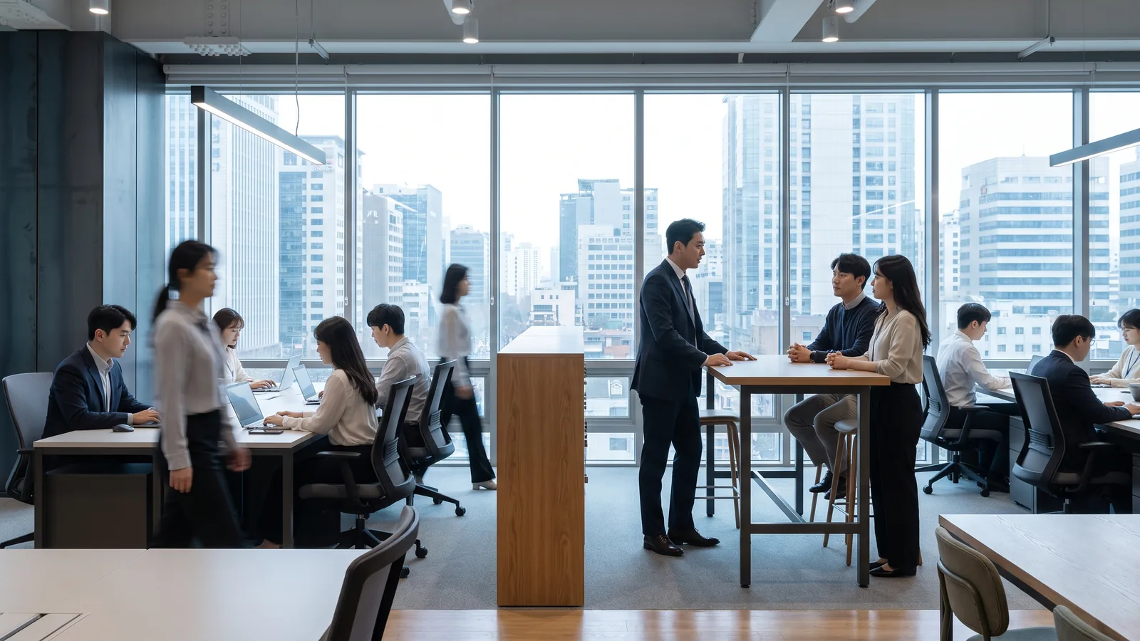 A senior executive with quiet authority in a modern boardroom in Seoul