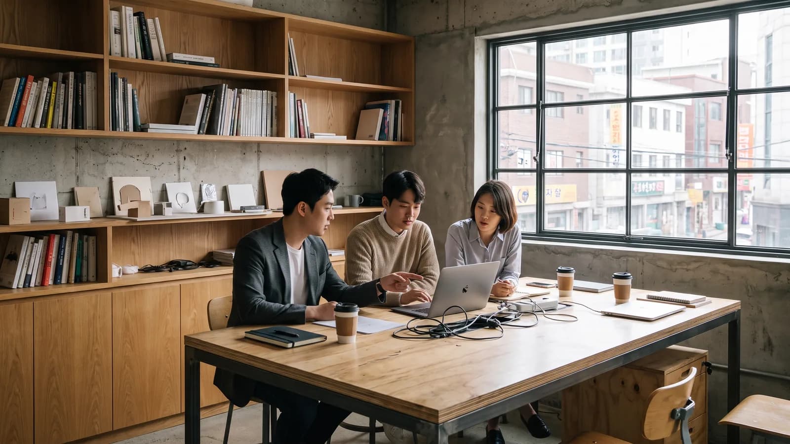 A founder and a senior executive reviewing work together in a bright workspace in Seoul