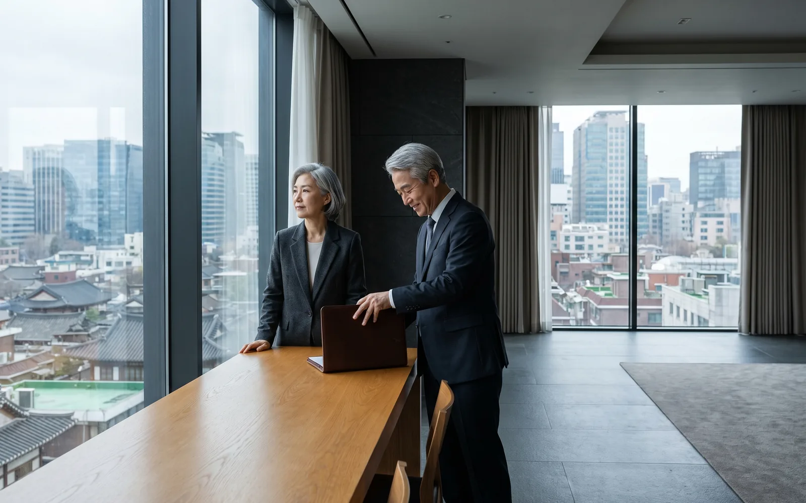 A senior executive in a calm, light-filled Seoul office, the business district beyond the glass