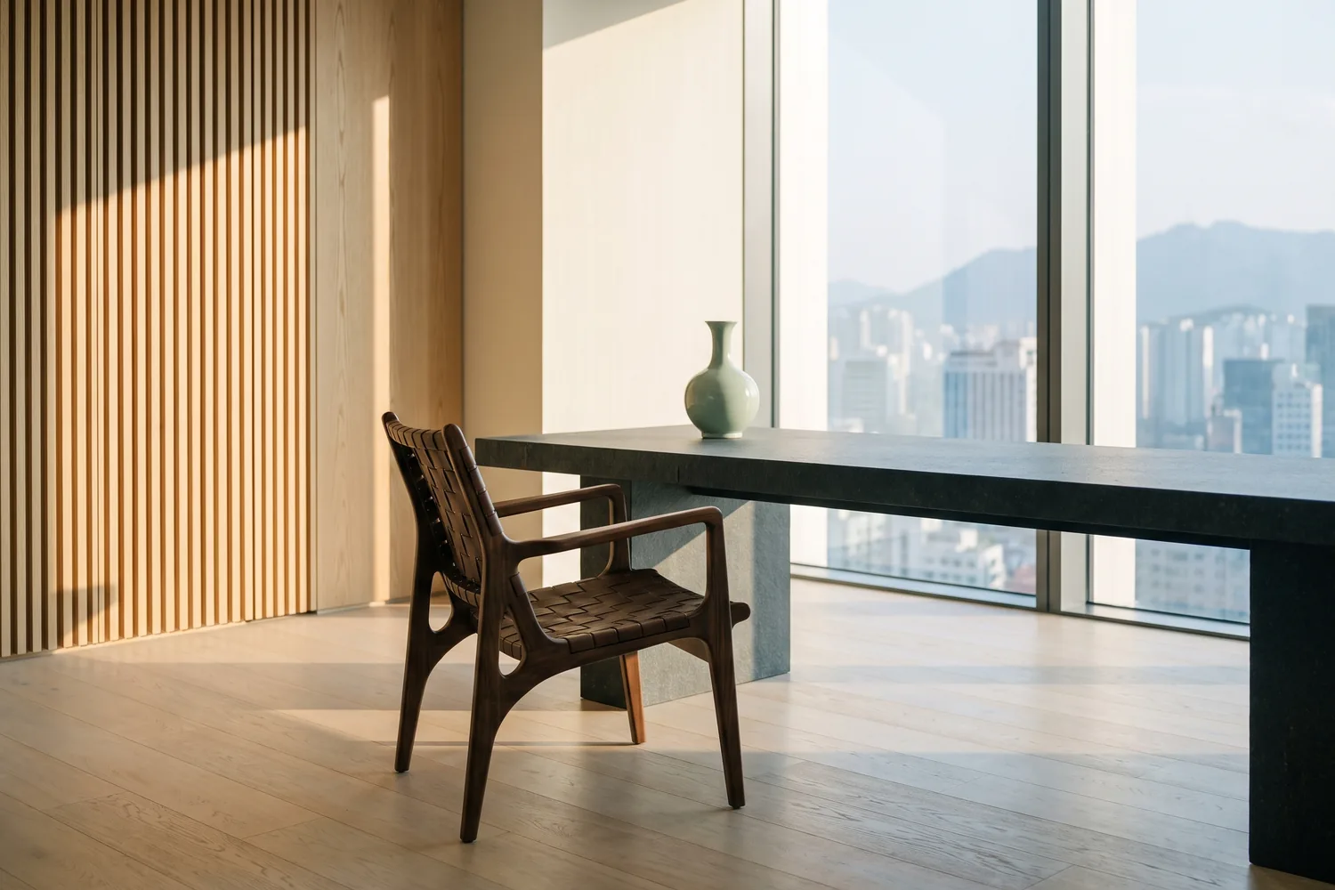 A calm, light-filled executive interior with a single chair and a long timber table