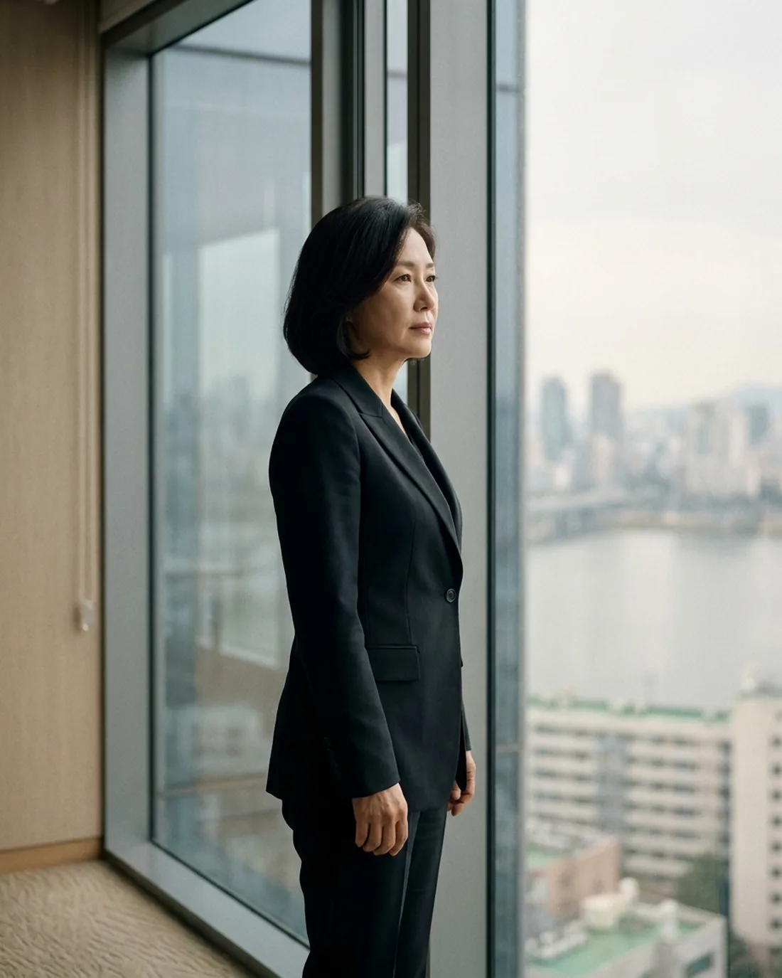 A senior executive standing composed by a window in a quiet office above the city